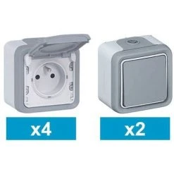 LOT 4 PRISES DE COURANT 2P+T ET 2 INTERRUPTEURS VA ET VIENT ÉTANCHE COMPLET GRIS IP55 AVEC COMPOSANTS LEGRAND PLEXO